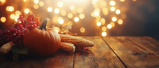 autumn scene with pumpkins, corn, and twinkling lights outdoors