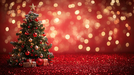 Poster - A beautiful Christmas tree adorned with ornaments stands among colorful gifts on a vibrant red backdrop, creating a festive atmosphere