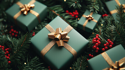 Poster - Brightly wrapped green gifts adorned with shiny gold ribbons are placed among vibrant pine needles and red berries, celebrating the season
