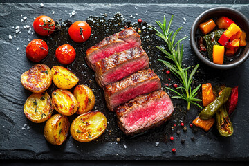 Grilled steak with a perfectly seared crust accompanied by roasted potatoes, cherry tomatoes, and colorful sautéed vegetables garnished with herbs