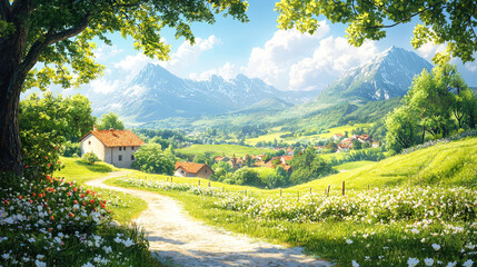 Poster - A scenic view of vibrant flowers surrounding a quaint cottage set against majestic mountains under a clear blue sky