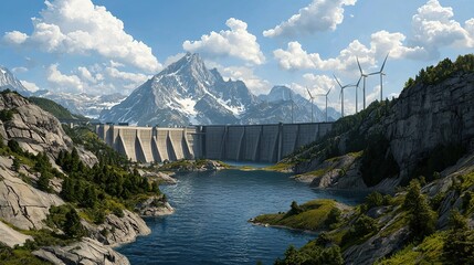 A serene landscape featuring a dam, mountains, and wind turbines, reflecting sustainable energy and natural beauty.