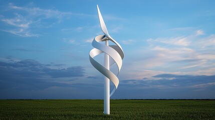 A unique, modern sculpture spirals upward against a blue sky, set in a green field, symbolizing innovation and nature.