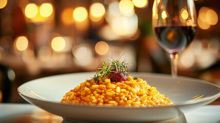 Poster - A plate of saffron risotto topped with fresh herbs sits beside a glass of red wine, creating a warm dining atmosphere in the evening