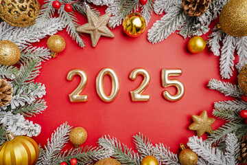 Christmas and Happy New year 2025 with gold glitter decorations on green bright background. Holiday party decoration . Christmas celebration, holiday card