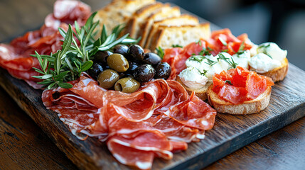Poster - A carefully arranged selection of cured meats, olives, and fresh herbs alongside toasted bread and tomato toppings is presented beautifully