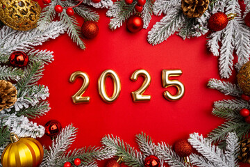 Christmas and Happy New year 2025 with gold glitter decorations on green bright background. Holiday party decoration . Christmas celebration, holiday card