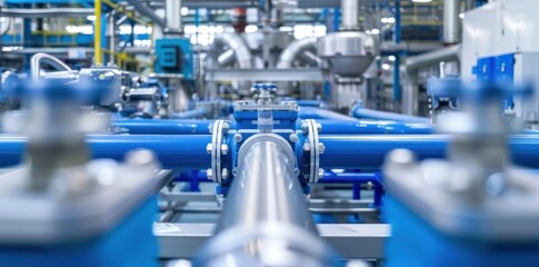 Industrial pipeline system, blue metal pipes in a large factory setting, showcasing complex machinery and equipment in the background for various industrial applications