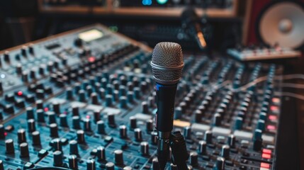 Poster - Professional microphone is in a recording studio, ready to record vocals or instruments. The microphone is positioned in front of a mixing console