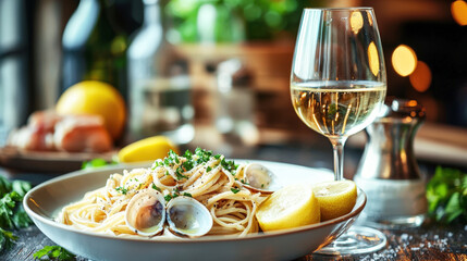 Poster - A tempting plate of seafood pasta garnished with herbs and lemon slices is paired with a glass of white wine in a warm atmosphere