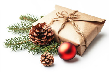 Poster - A neatly wrapped gift with brown paper and twine, adorned with pine cones and a red ornament, highlights the holiday spirit