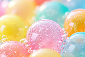 Leinwandbilder - The assortment of bubbles showcases a blend of pastel colors, reflecting light and creating a joyful ambience in clear water