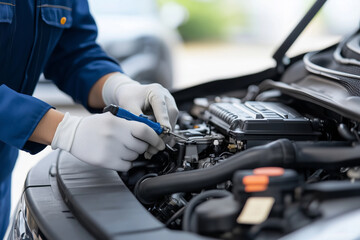 A mechanic carefully services a truck's engine in daylight near a garage