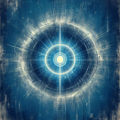 Poster - A circular, futuristic design with a glowing center, surrounded by concentric rings and lines. Generative AI