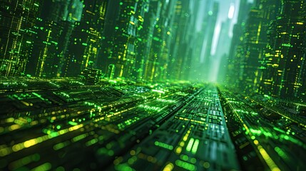 Poster - Green technology-themed image of a virtual server network, organic data structure design resembling a digital forest,
