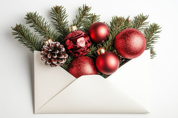 Poster - An envelope overflowing with red and gold Christmas ornaments, pine branches, and a pine cone, capturing the holiday spirit