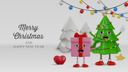 Wall Mural - christmas card with funny 3d groovy characters. christmas banner with funny animated  gift box and christmas tree