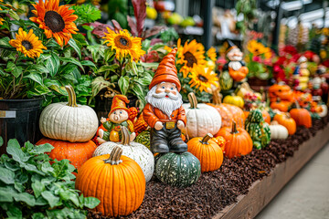 Poster - A colorful assortment of pumpkins and charming gnomes brightens a greenhouse, celebrating the beauty of autumn harvests and decorations