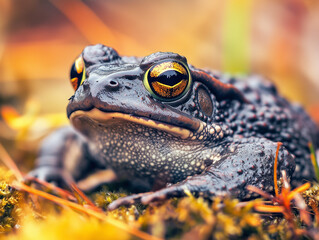 A close-up image of a toad resting on a patch of moss and grass, its speckled and textured skin featuring a mix of gray and brown tones with hints of orange near its eyes