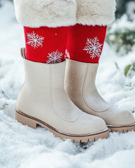 sleek white winter boots with snow-covered trim and red festive socks, ideal for snowy day fashion looks