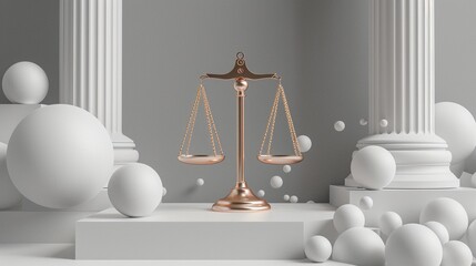 Poster - Antique justice scale with babbles near columns 3d rendering image. Traditions of law regulation system background wallpaper colorful realistic. Fair court proceeding concept idea