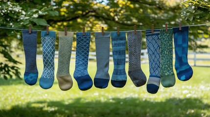 A collection of mismatched socks hanging on a line outdoors on a sunny day, featuring various shades of blue and green