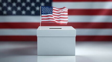 A white ballot box with a small American flag on top, set against a blurred background of the American flag