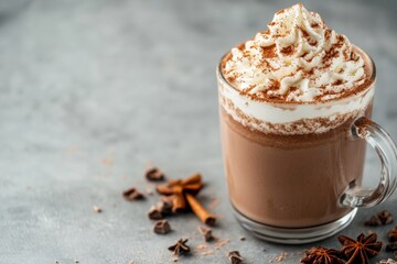 hot chocolate cocktail topped with whipped cream, cocoa powder, and a dash of cinnamon, cozy and inviting, minimal background with copy space