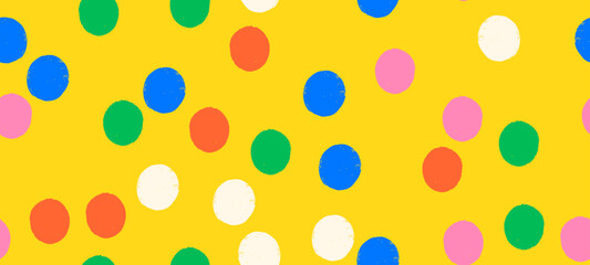Aufkleber - Whimsical seamless vector polka dot pattern with playful crayon spots and colorful confetti. Primary colored design for party or carnival yellow background.