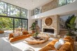 © Aliaksandra - organic modern living, a stylish living space features modern organic design with cozy furniture, a stone fireplace, and lush greenery for a warm ambiance