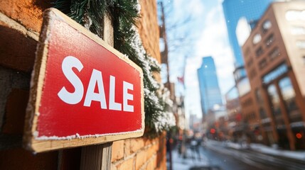 A bright red sale sign is prominently displayed on a brick wall as shoppers stroll through a busy city street during the winter season with towering buildings in the background