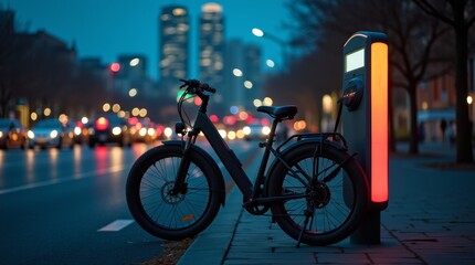 An electric bike stands by a charging station, illuminated by the glowing city lights at night, symbolizing the fusion of sustainability and urban lifestyle