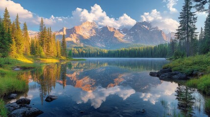 Wall Mural - mountain lake reflecting peaks and clouds under bright blue sky during daytime