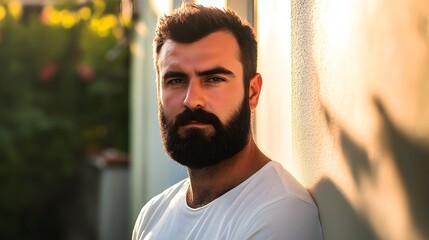 A man with a beard and mustache standing against the wall