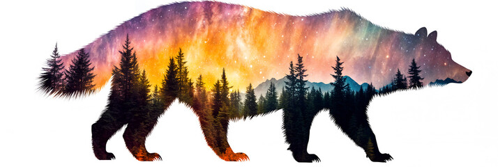  Silhouette of  Wolf with Natural  Forest on a White Background. The concept of Ecology.