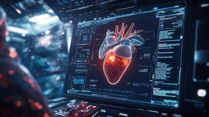 Leinwandbilder - A glowing, detailed 3D model of a human heart is shown on a sleek computer interface in a modern lab. Surrounding data and holographic elements enhance the high-tech atmosphere of the workspace.