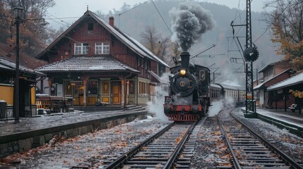 Wall Mural - An old steam locomotive passage on rails is approaching the station