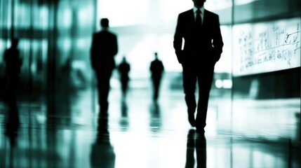 A businessman in a suit walks down a corporate hallway, with other businesspeople in the background.