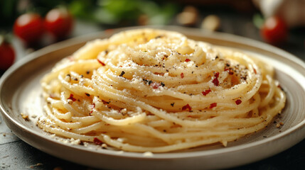 Classic Italian pasta plate with Parmesan cheese and black pepper, creamy spaghetti cacio e pepe, gourmet dish, authentic Italian cuisine, savory flavor, delicious meal, food close-up