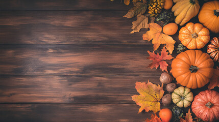 Autumn harvest composition with pumpkins, gourds, and colorful leaves on wooden background copy space
