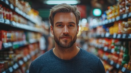 Handsome man standing in grocery store aisle, confident casual portrait, modern shopping, food section, supermarket background, stylish male, everyday life, consumer lifestyle