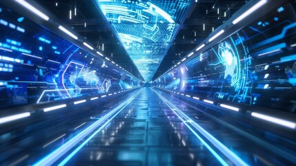 Poster - futuristic corridor showing world map and data flowing on digital screens in a technological environ
