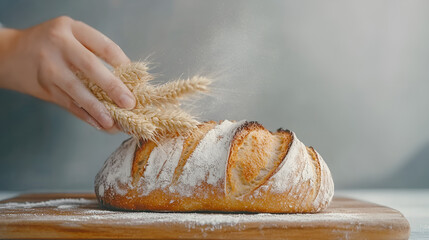 Freshly baked artisan bread being garnished with wheat stalks and flour on a wooden board
