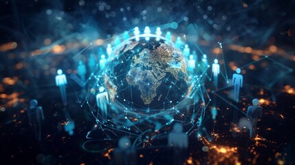 Poster - Planet earth with glowing continents is surrounded by network of connected people, representing global communication and future of technology