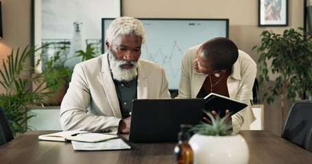 Poster - Black people, business and laptop with meeting for collaboration, corporate proposal or teamwork at office. African businessman, woman or employees with computer for company analytics at workplace