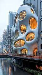 Poster - A unique modern building with organic shapes and large windows. It blends design with nature, enhancing its surroundings. This architectural style emphasizes creativity and innovation. AI