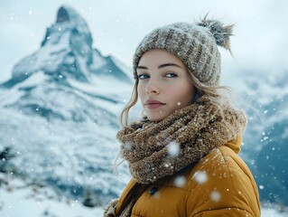 A model in a warm winter outfit in front of a snow cove mountain