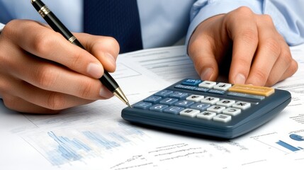 Poster - Hands are actively using a calculator and pen to analyze financial data on graph paper in a professional office environment