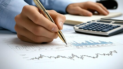 Poster - Hands are actively using a calculator and pen to analyze financial data on graph paper in a professional office environment