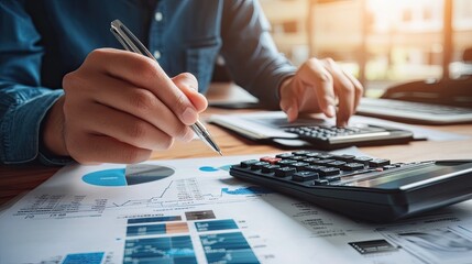 Poster - Hands are actively using a calculator and pen to analyze financial data on graph paper in a professional office environment.